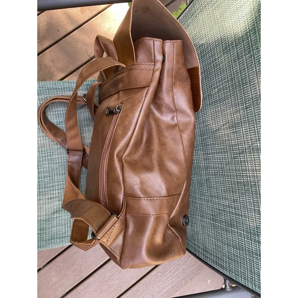 LXY Vegan Leather Backpack Brown Flap Buckle Laptop Pocket Travel Bag